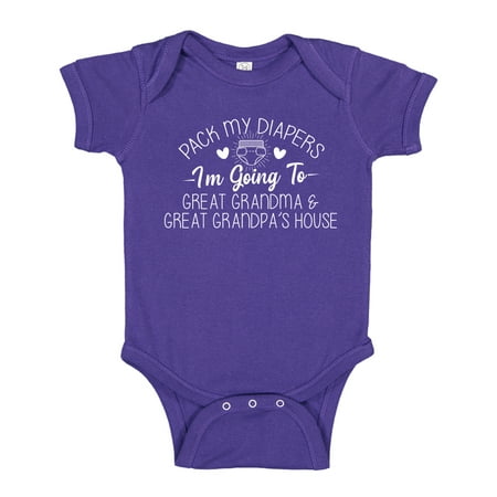 

Pack My Diapers I m Going to Great Grandma and Great Grandpa s House Baby Bodysuit One Piece 24 mo Purple