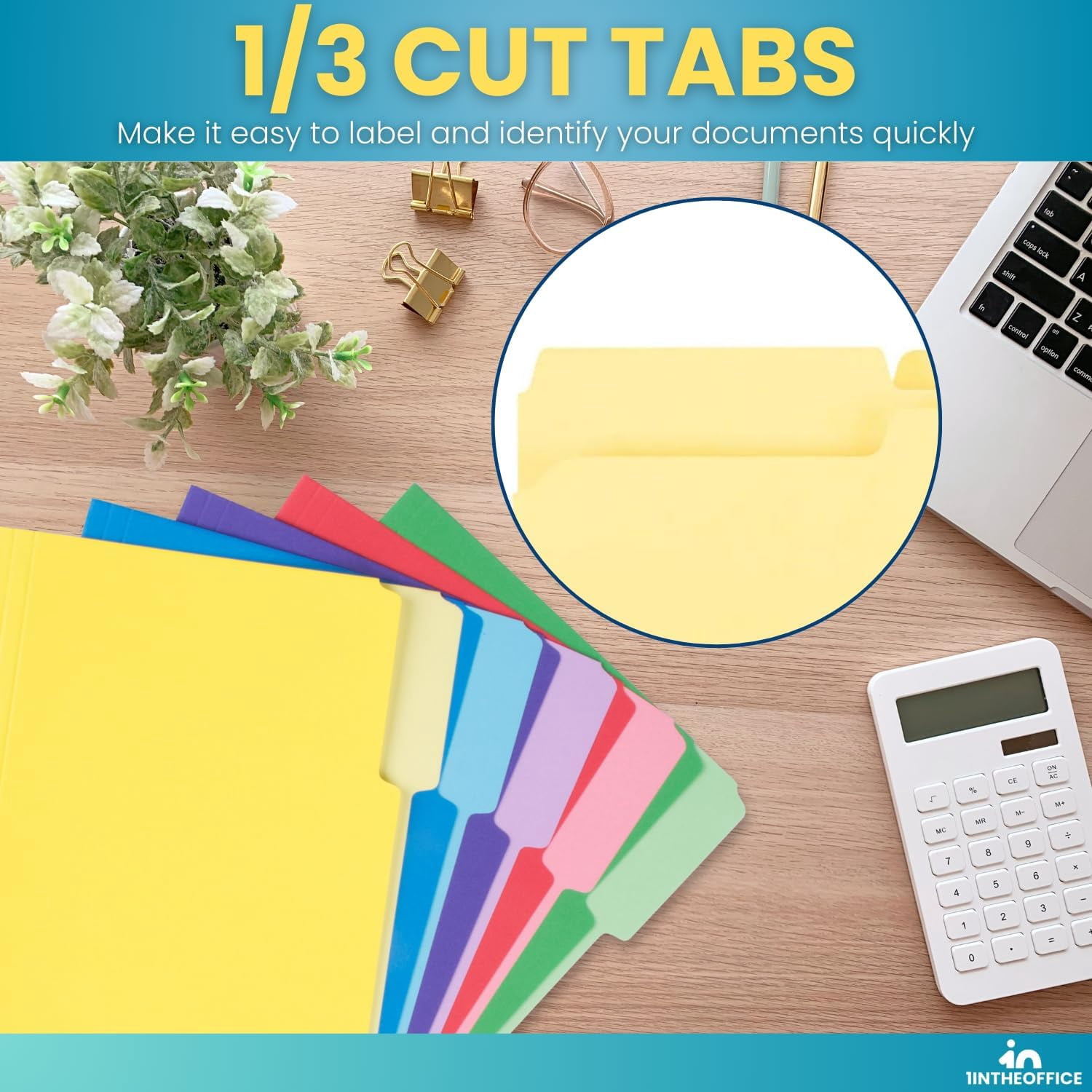 1InTheOffice Colored File Folders, Top-Tab File Folders, 3 Tab, 5 Assorted Colors, Letter Size, 100/Pack