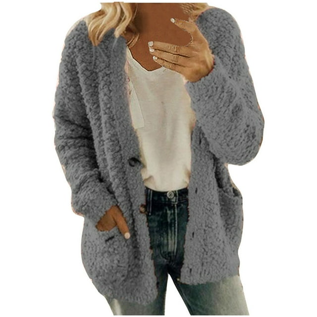 LSLJS Cardigan à Boutons pour Femmes Grande Taille Manches Longues Ouvert Manteau en Peluche