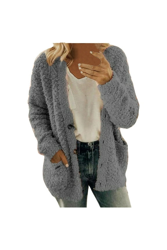 Women Fuzzy Fleece Jacket Clearance Open Front Button-Down Cardigan Tops Womens Plus Size Winter Warm Soft Lightweight Sweatshirts Sweaters Tops R-Gray XXL