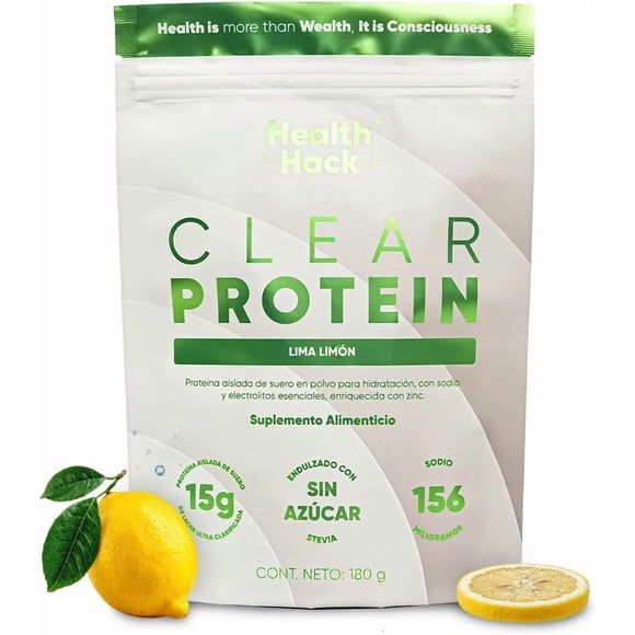 Clear Protein, Proteína En Polvo Refrescante con Electrolitos | Whey Aislada de Suero de Leche Dulce Sin Azúcar | 15g por Porción Sabor Lima Limón | Bebida Clear Protein Water Ligera | Health Hack