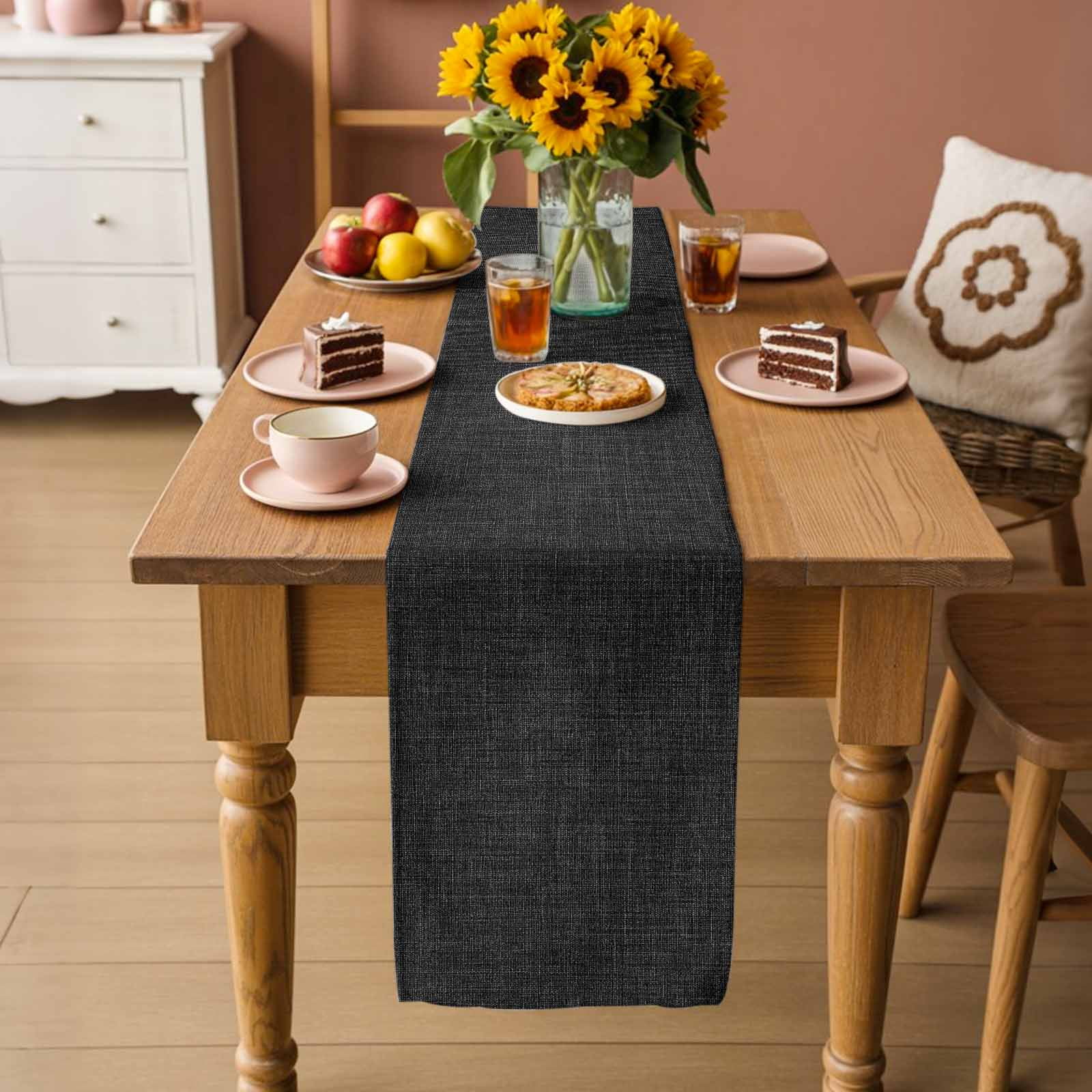 Black Burlap Texture Table Runner, Farmhouse Vintage Black Washable Cotton Linen Table Runners 90 Inches Long, Dresser Scarf Runner for Dining/Coffee/Kitchen/Hallway Tables 13''x90''