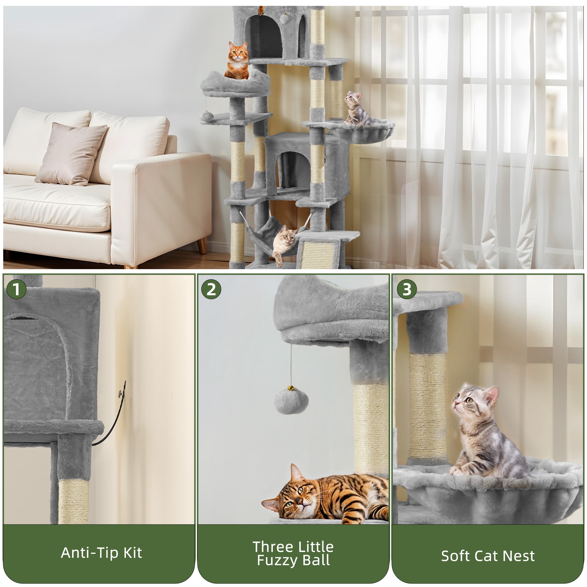 Uforic 75" Multi-Level Cat Tree Tower with Condos, Hammocks, Scratch Posts, Light Gray