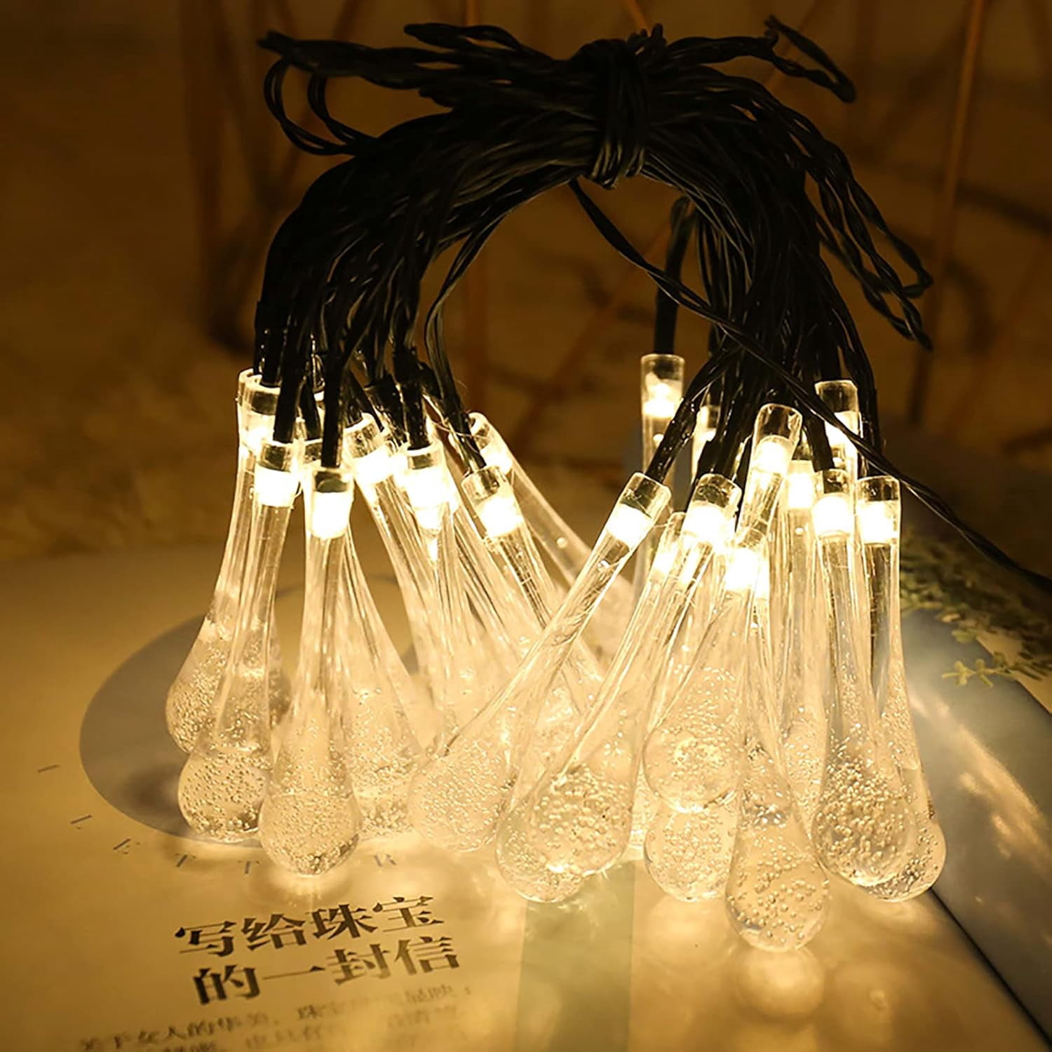 Solar String Lights Outdoor 20ft 30LEDs Water Drop Fairy Garden Lights Waterproof 8 Modes Raindrop Festival Decorative Lighting for Terrace Patio Gazebo Christmas Party Wedding