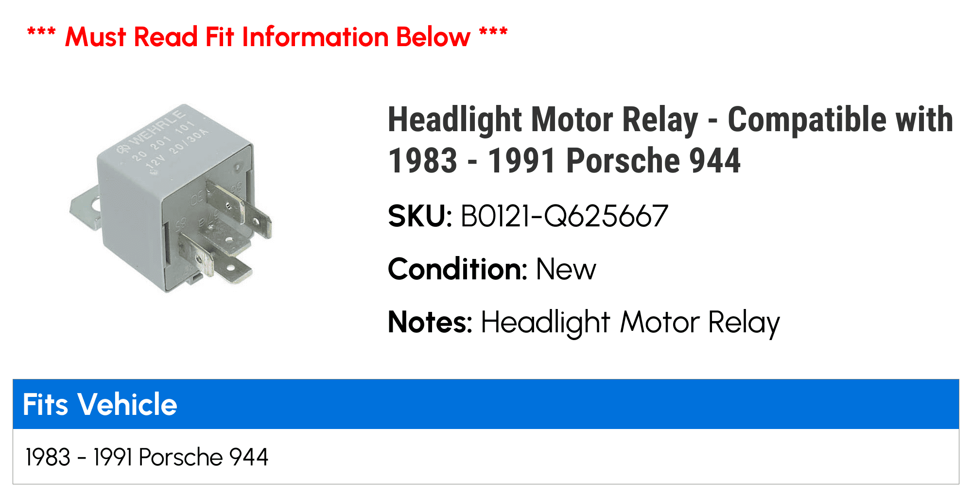 Headlight Motor Relay - Compatible with 1983 - 1991 Porsche 944 1984 1985 1986 1987 1988 1989 1990