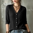 thumbnail image 5 of Women Solid Textured V Neck Button Up Shirt, Three-Quarter Rolled Sleeve Casual Blouse Top With Chest Pocket, Lightweight Breathable Summer Daily Wear Shirts, 5 of 9