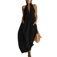thumbnail image 3 of Women's Plunge Halter Sleeveless Pleated Long Romper Knit Jogger Maxi Jumpsuit with Pockets for Summer Beach Vacation Casual Daily Wear Black XL, 3 of 4