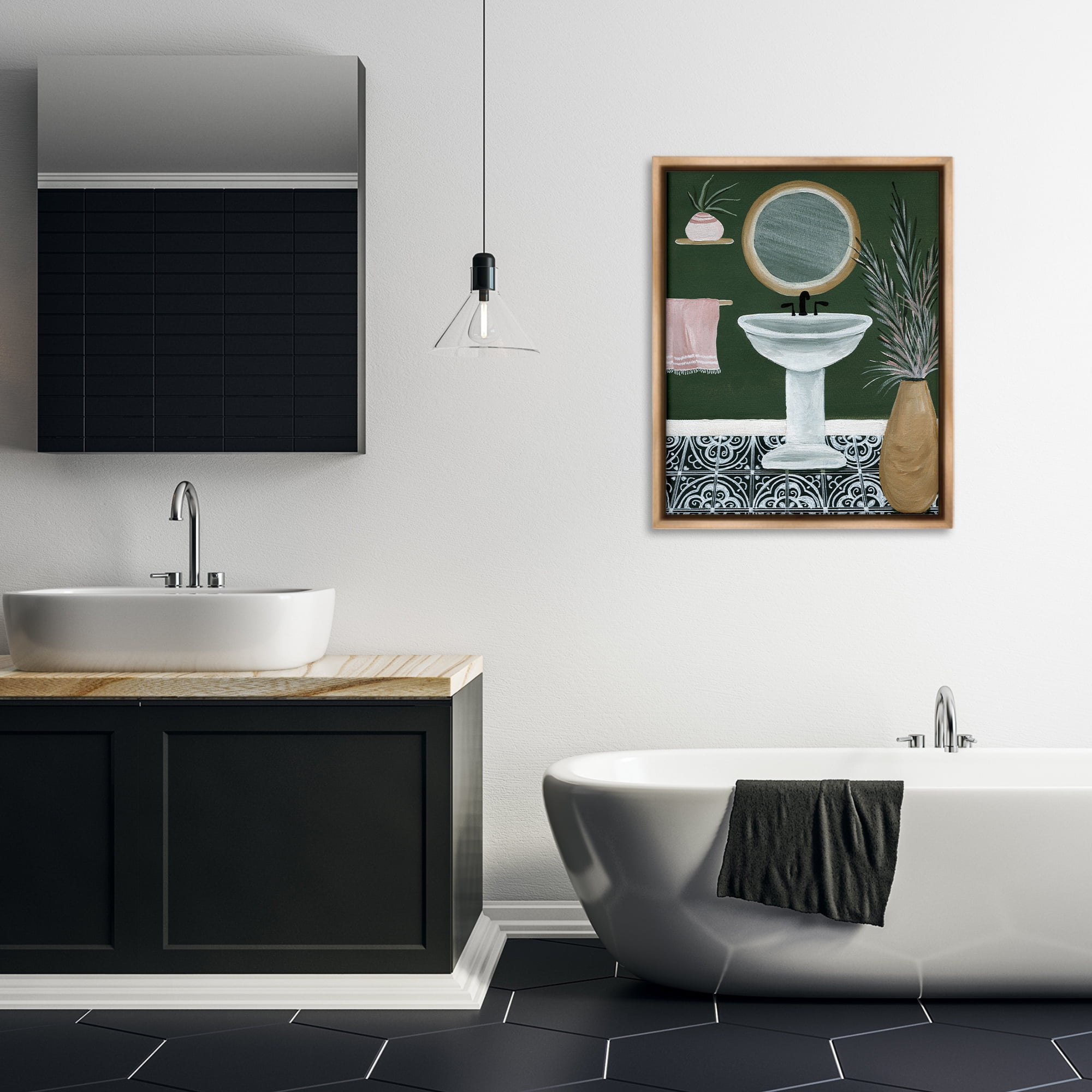 Stupell Industries Chic Green Bathroom Typography Painting Brown Floater Framed Canvas Art Print Wall Art, 25 x 31