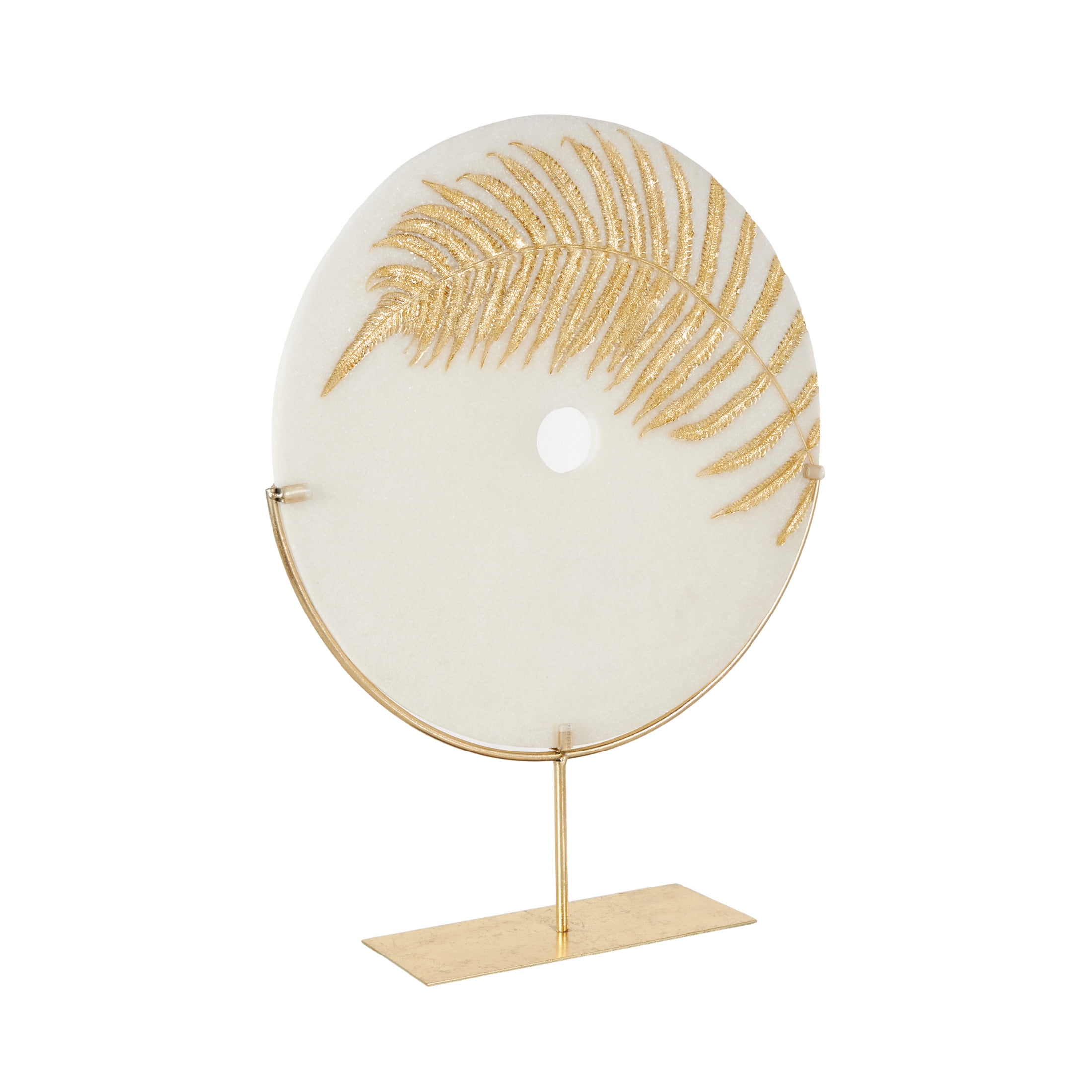20" x 25" White Polystone Cutout Round Disk Leaf Sculpture with Gold Stand, by DecMode