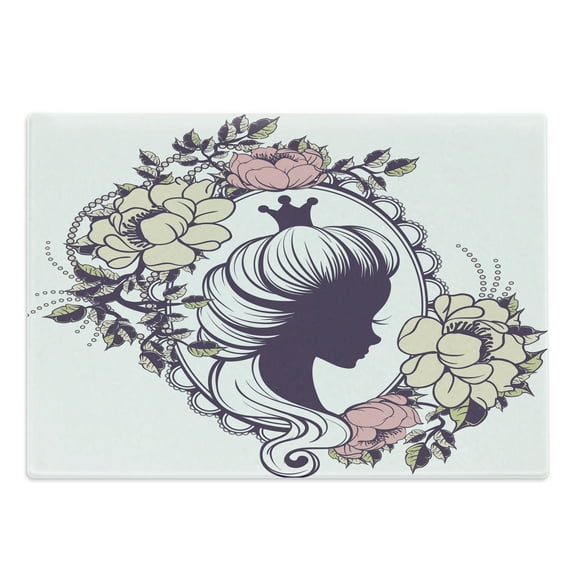 Queen Cutting Board, Young Cartoon Portrait Silhouette in Floral Frame Feminine Noble Woman Style, Decorative Tempered Glass Cutting and Serving Board, Large Size, Plum Ivory Coral, by Ambesonne