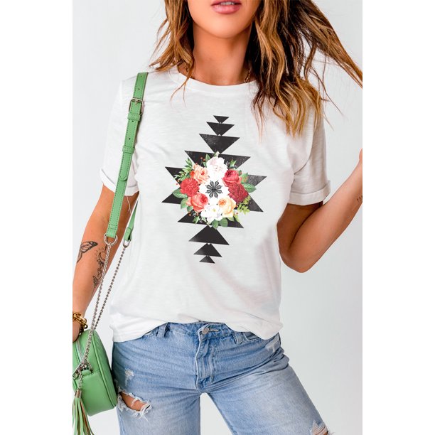 ABPHQTO Camiseta de manga corta con cuello redondo y estampado geométrico de flores blancas para mujer
