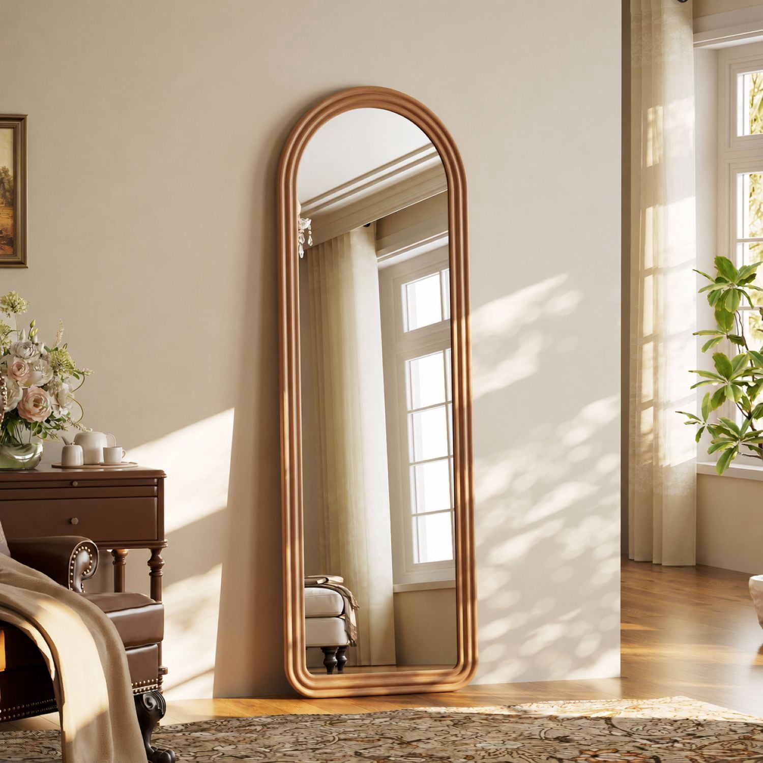 Easy4Home 65" x 24" Wooden Arched Full Length Mirror Vintage Floor Mirror, Natural Wood