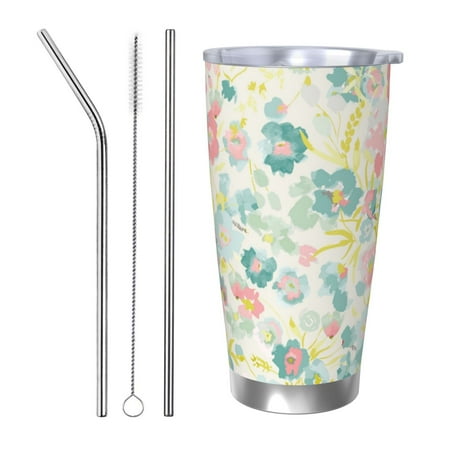 

Fuzoiu Watercolor Wildflowers Print 20oz Tumbler Stainless Steel Vacuum Insulated Car Cup Insulated Coffee Mug Travel Mug with Lid Thermal Cup for Outdoor-Straw Three-piece Set