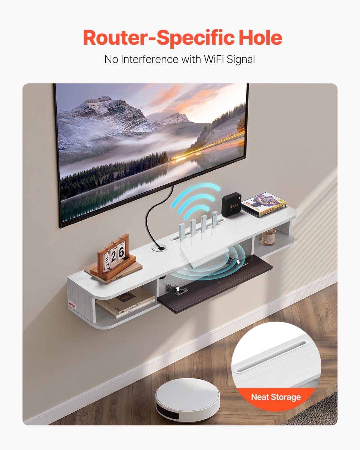 VEVOR Floating TV Stand, 47 in Wall Mount Entertainment Center with Cable Hole, Modern Floating TV Shelf with Storage Cabinet, Particle Board Console for DVD Player, Cable Box, Game Console, White