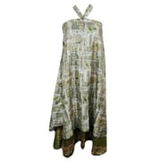 Mogul Silk Sari Wrap Around Skirt Green Two Layer Reversible Printed Beach Cover Up Dress