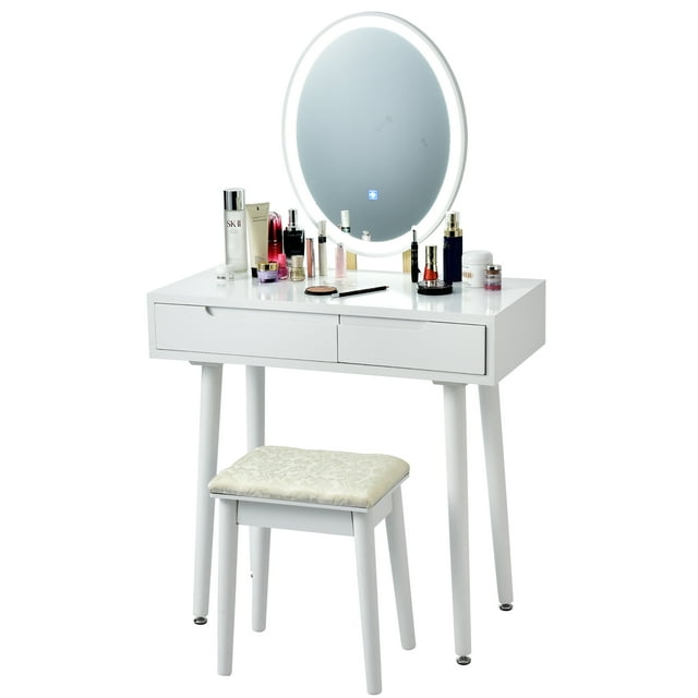 Costway Coiffeuse Table de Maquillage Écran Tactile 3 Modes d'Éclairage Ensemble Table de Toilette Tabouret Blanc