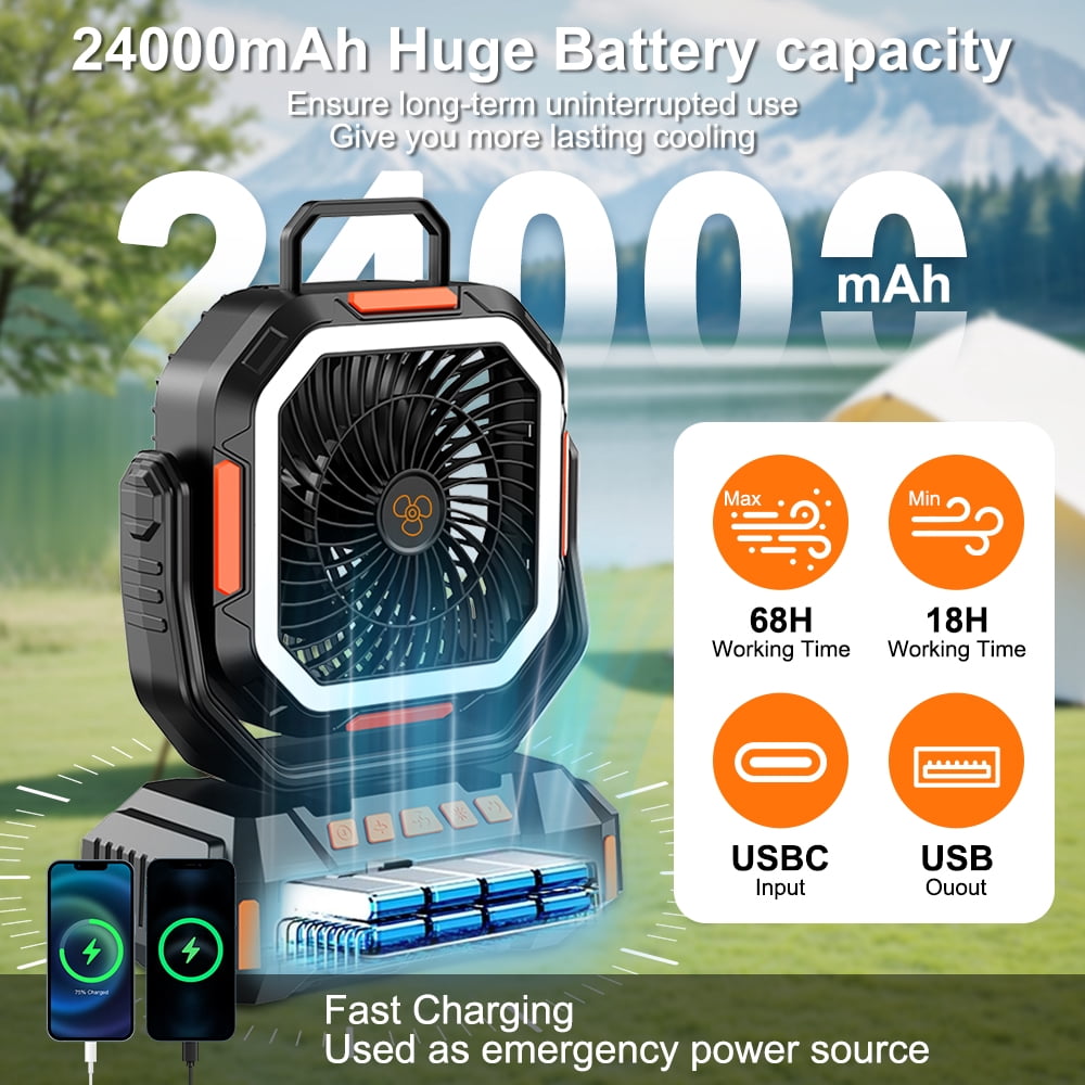 Camping Fan, 24000mAh Portable Fans Rechargeable Portable Fan with Remote & LED Lantern,  4-level Strong Airflow, for Camping Outdoor Indoor Gym Desk Fishing BBQ Travel