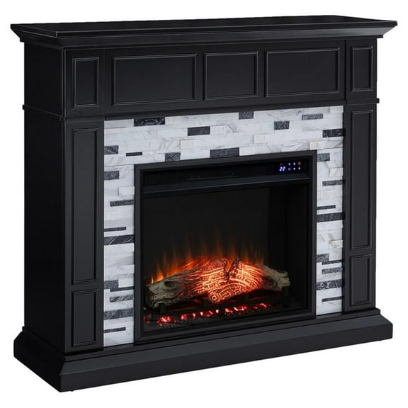 Bowery Hill Modern Wood-Marble Electric Fireplace in Black Finish