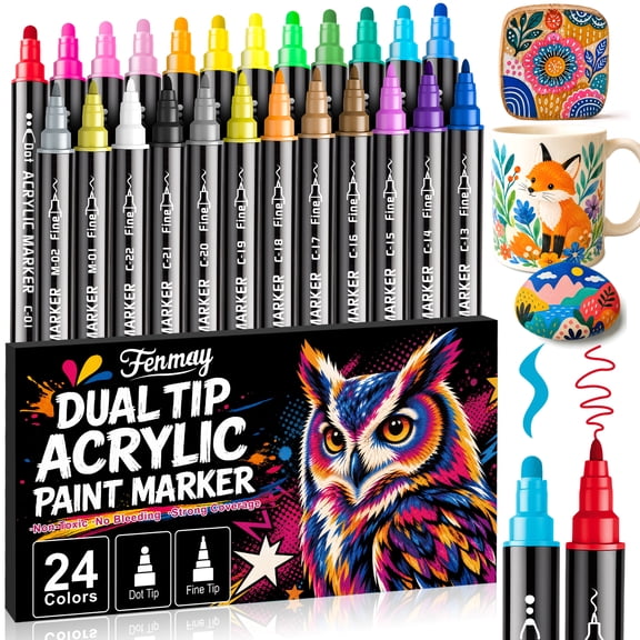 Fenmay 24 Pack Dual Tip Acrylic Paint Markers, Dot & 1mm Fine Point Paint Pens for Rock, Wood, Glass, Fabric, Canvas, Coloring Books, DIY Crafts, Classroom Art Supplies & Teacher Appreciation Gifts