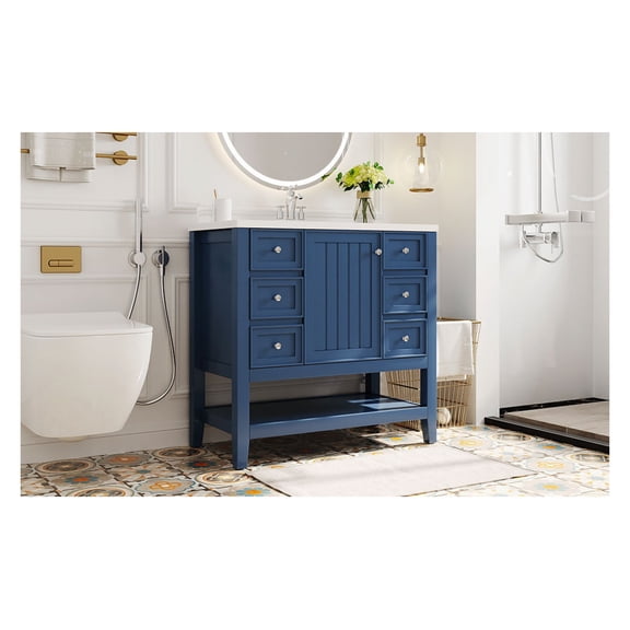 36" Bathroom Vanity with Sink, One Cabinet and Three Drawers, Solid Wood and MDF Board, Blue (Old Sku:SY999505AAC-6)