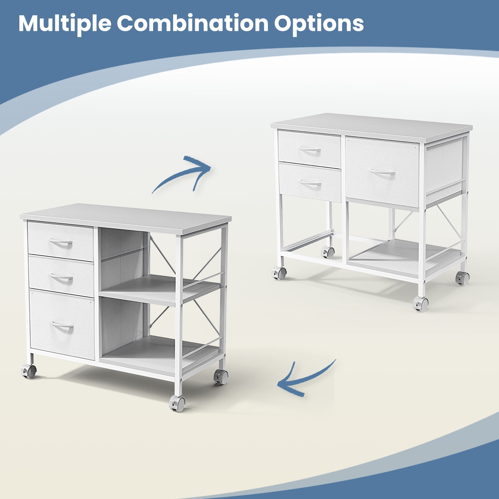 Gianna Rolling File Cabinet with 3 Drawers, Fabric Lateral Filing Storage for A4/Letter Size, Mobile Printer Stand with Open Shelf for Home Office, White