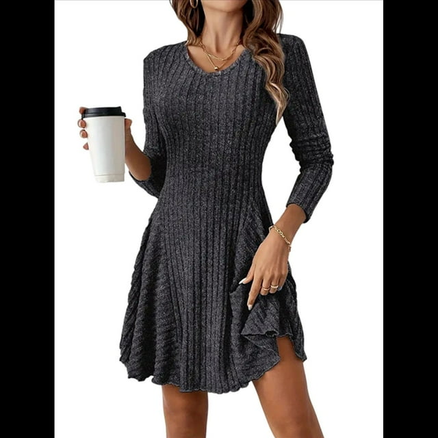 Vestido de Suéter de Larga, Vestido de Otoño, Cuello Redondo, Cintura Alta, Vestido Ajustado, Vestido Casual para Mujer Gris Oscuro S