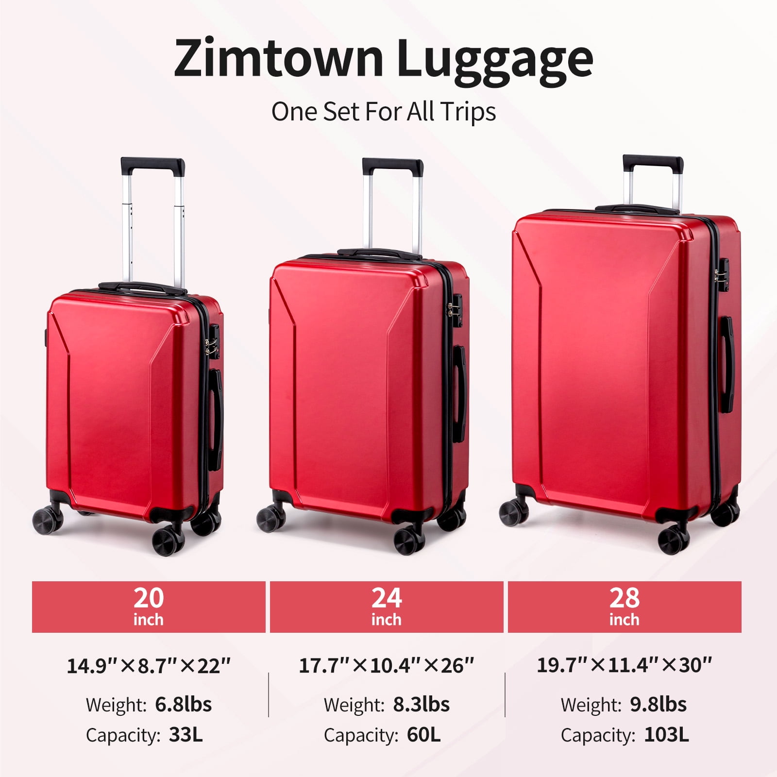 Zimtown 3-Piece Luggage Set with 8 Packing Cubes, Hard Shell Suitcases with Spinner Wheels TSA Lock, Red