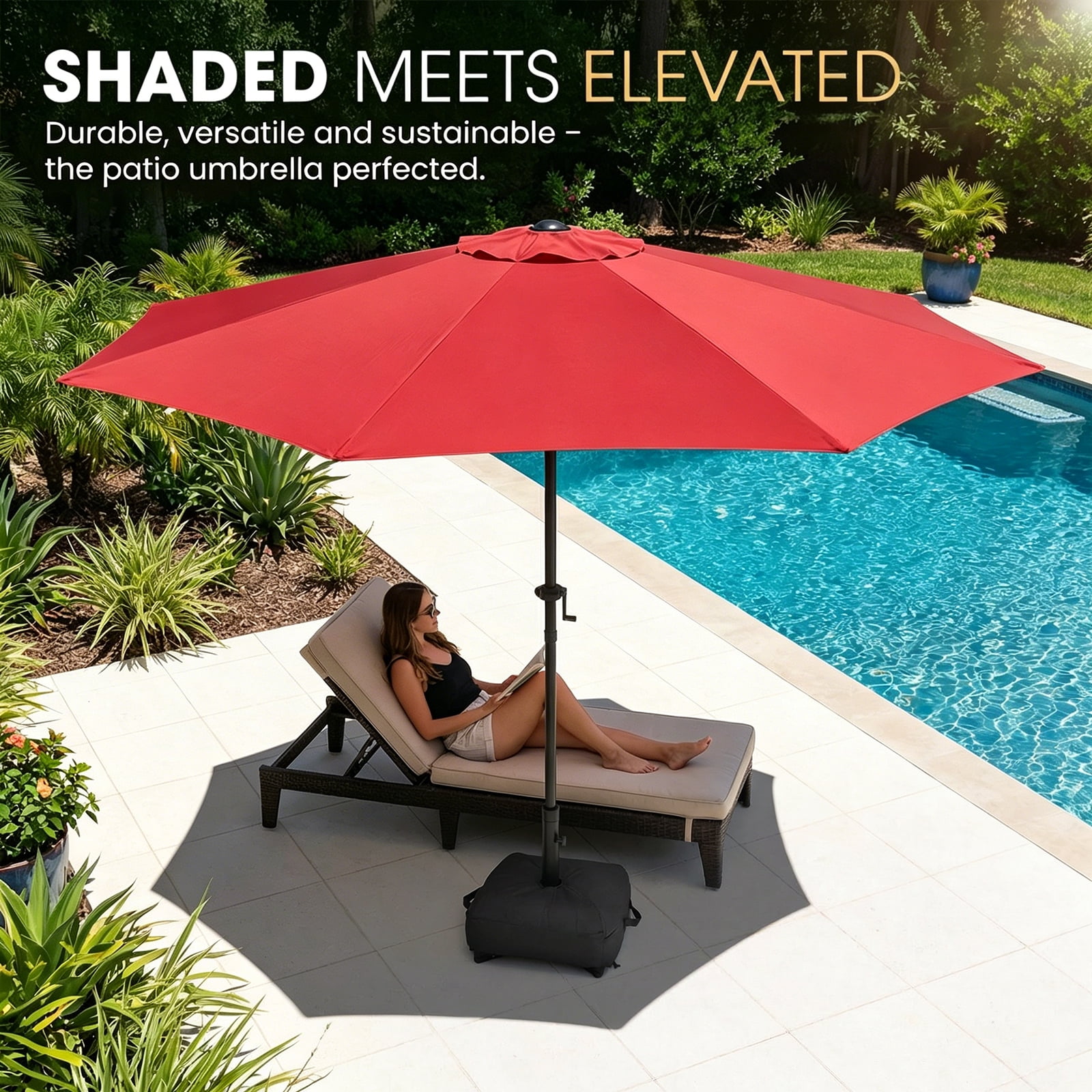 11FT Patio Umbrella (Base Included), 8 Heavy-Duty Ribs, Fade & Waterproof Polyester DTY Canopy for Outdoor Areas: Garden, Deck, Pool & Backyard, Red