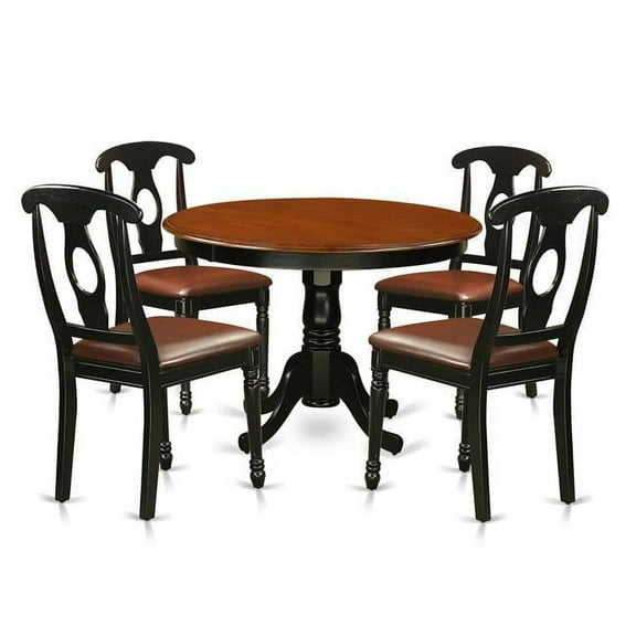 Dining Set - One Round Kitchen Table & Four Chairs with Leather Seat, Linen White - 5 Piece - 42 in.