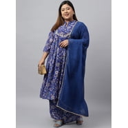 Janasya Women's Dark Blue Georgette Digital Floral Printed Kurta with Palazzo and Dupatta