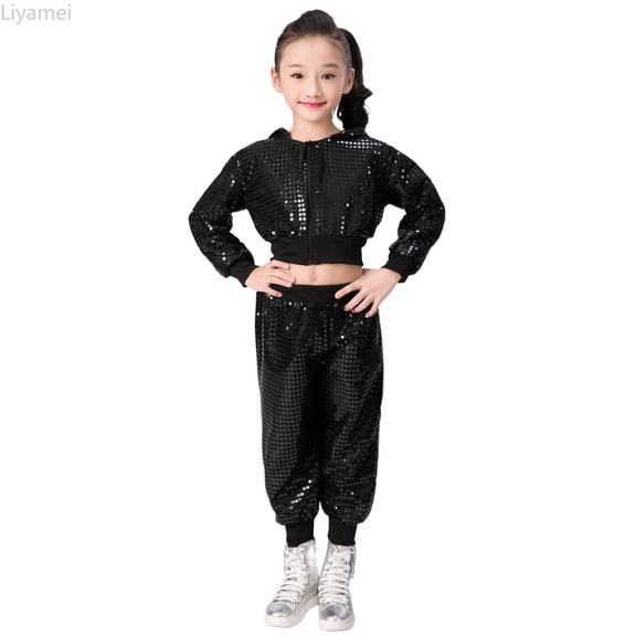 Liyamei 2Pcs Girls Dance Outfits Cropped Sequin Jacket Pants Set Kids Hop Dance Size Black 18-24 Months