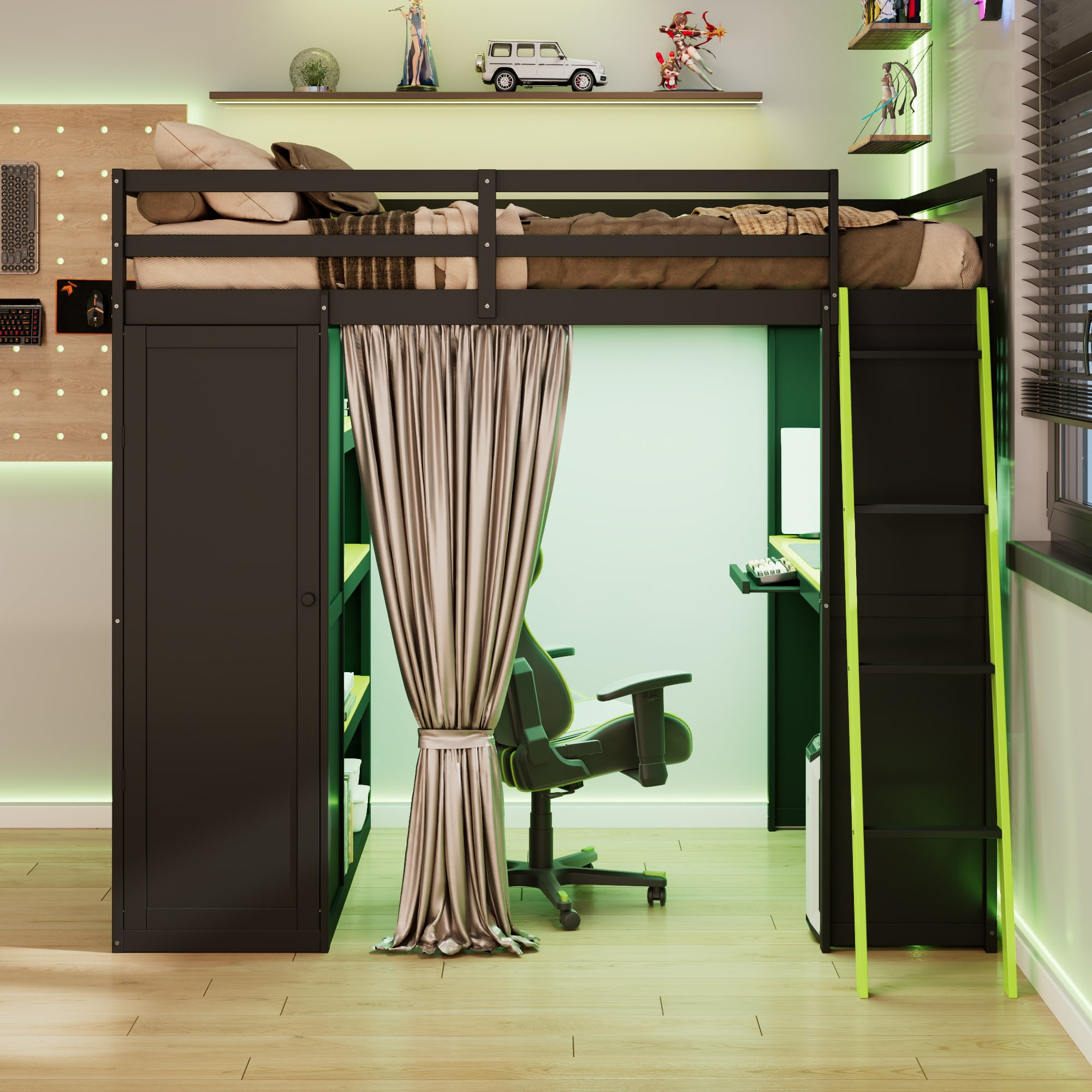Mintazer Full Size Loft Bed with Wardrobe, Storage Shelves, Desk, Blackout Curtains, Charging Station & Lights Game Bed Frame for Teens, Black & Green