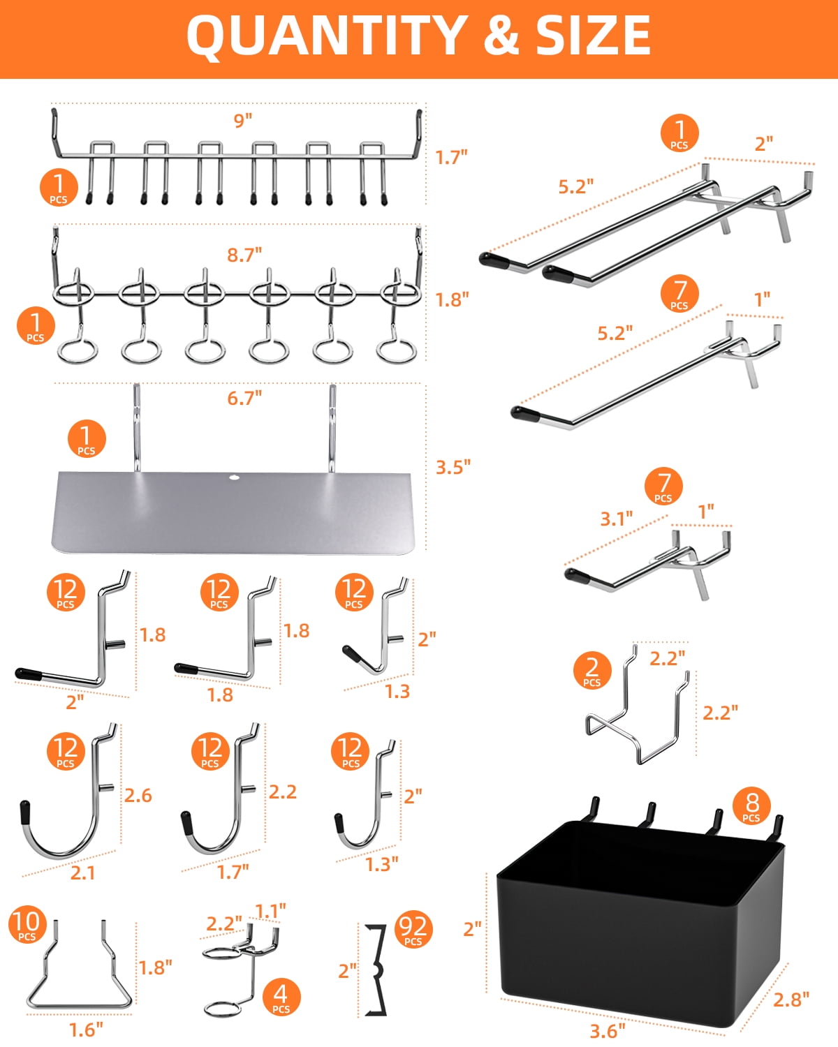 INCLY 206 Pcs Pegboard Accessories Organizer Kit, Pegboard Hooks Assortment with Bins, Peg Locks, Fit 1/8 and 1/4 inch for Garage Wall Hanging Tools