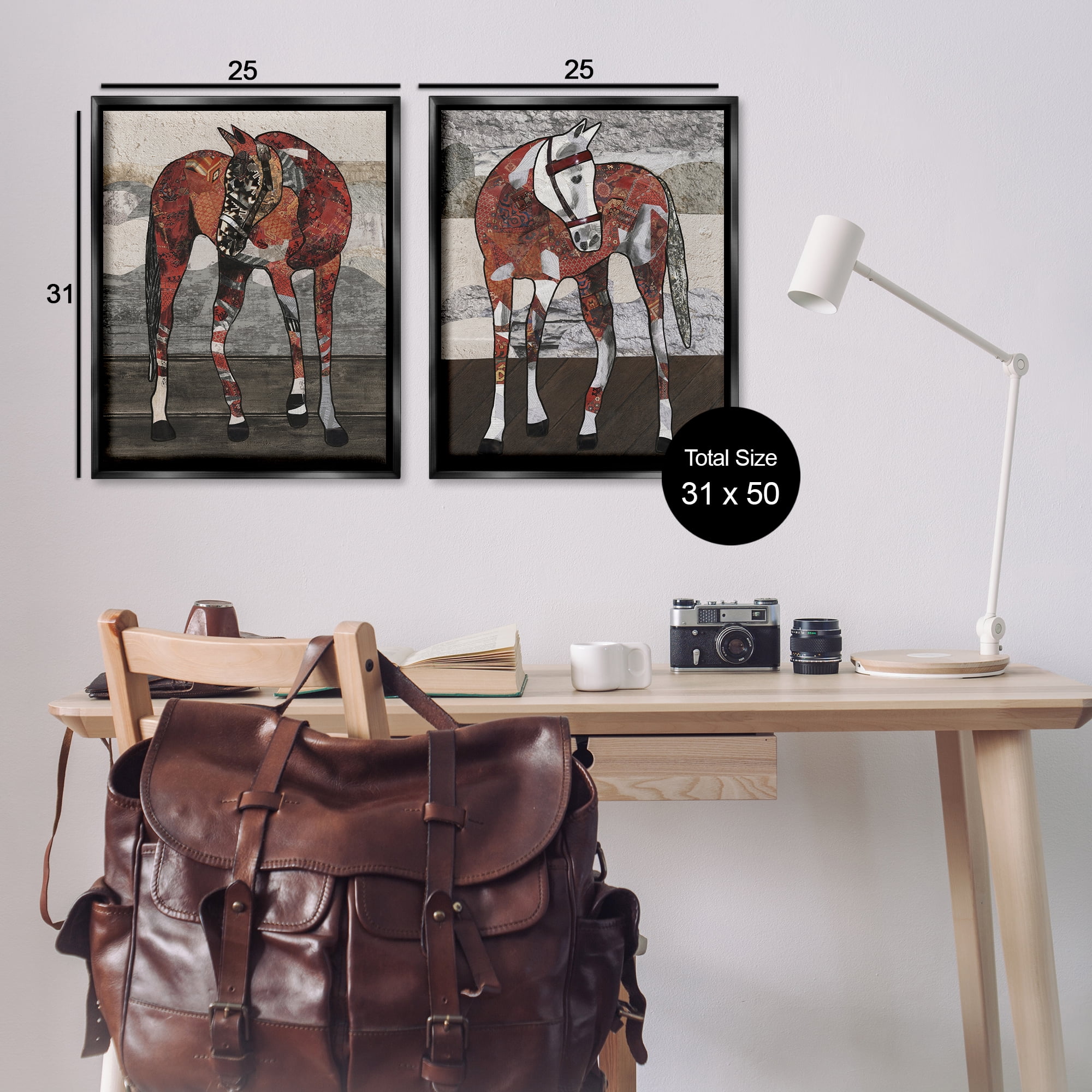Stupell Industries Abstract Patchwork Horses Animals Painting Black Floater Framed Canvas Art Print Wall Art, 31 x 25, Set of 2