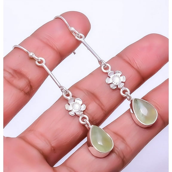 Prehnite Designer Handmade 925 Sterling Silver Earring 2.50" E_9326_98_30, Gemstone Silver Jewelry, New Year Sale, Valentin's Day Gift