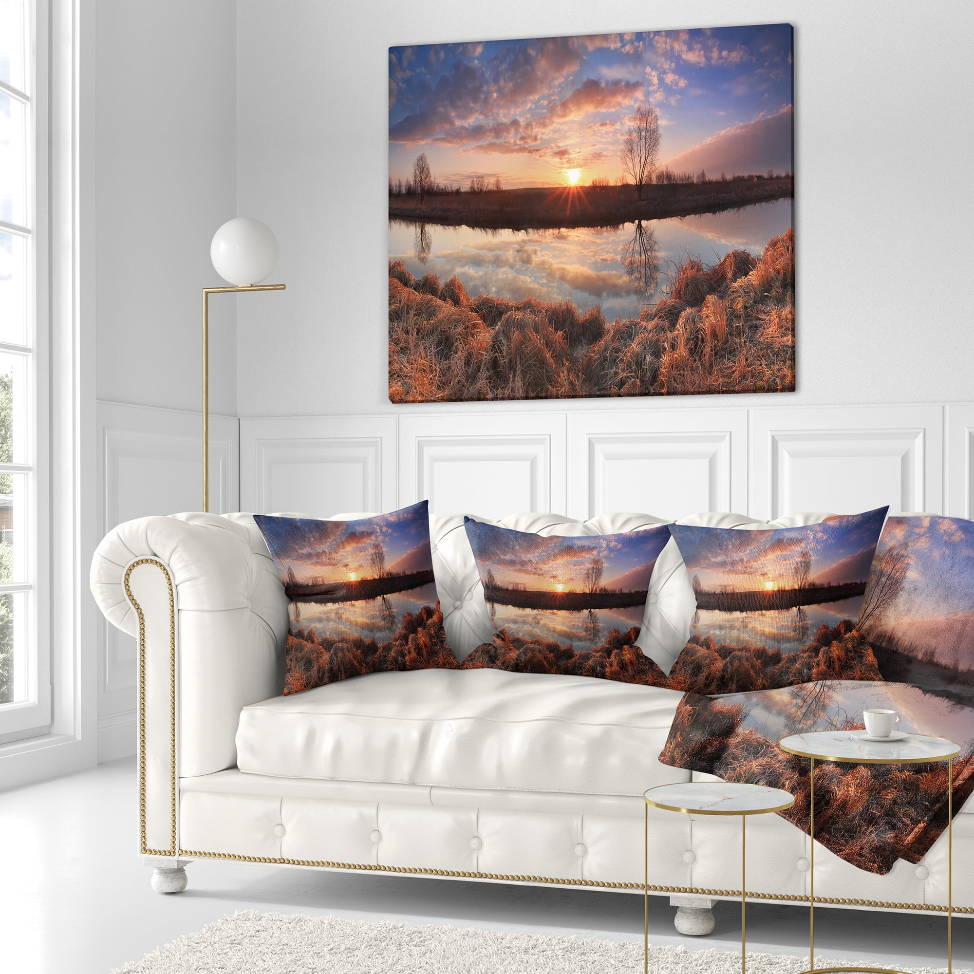 Designart Sunrise Above Spring River - Landscape Photo Throw Pillow - 16x16