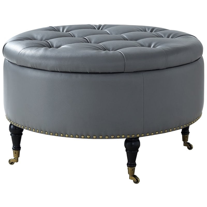 Landon Grey PU Leather Storage Ottoman Round Tufted Casters