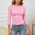 thumbnail image 2 of Wang6 Women 3/4 Sleeve Basic T Shirts Trendy Slim Fit Solid Tops Fall Crew Neck Going out Tees 0702LiPink XL, 2 of 5