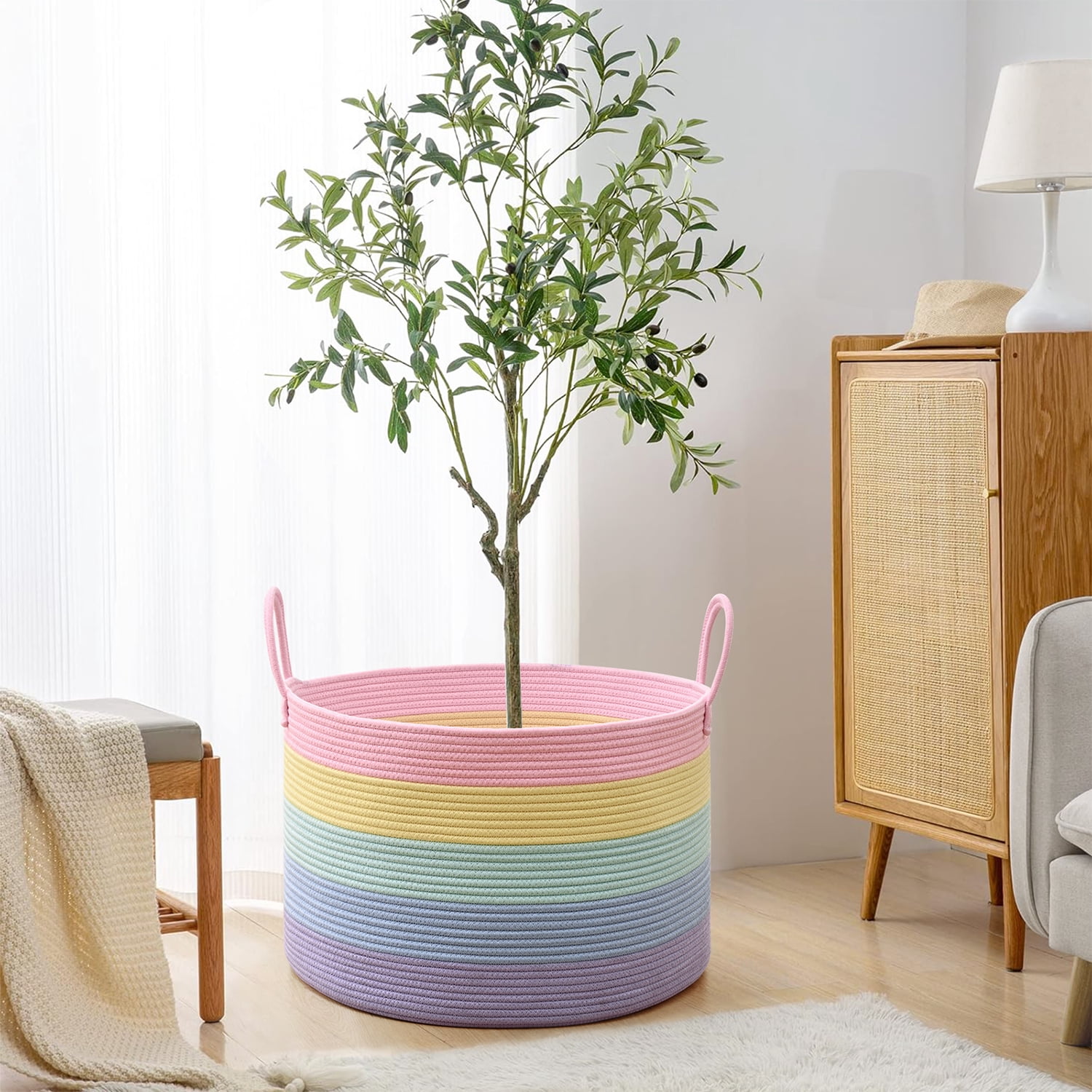 Natubeau 65L Large Cotton Rope Storage Basket, Soft Rainbow Decorative Basket for Living Room & Nursery, Foldable Laundry & Toy Organizer, 20"x20"x13"