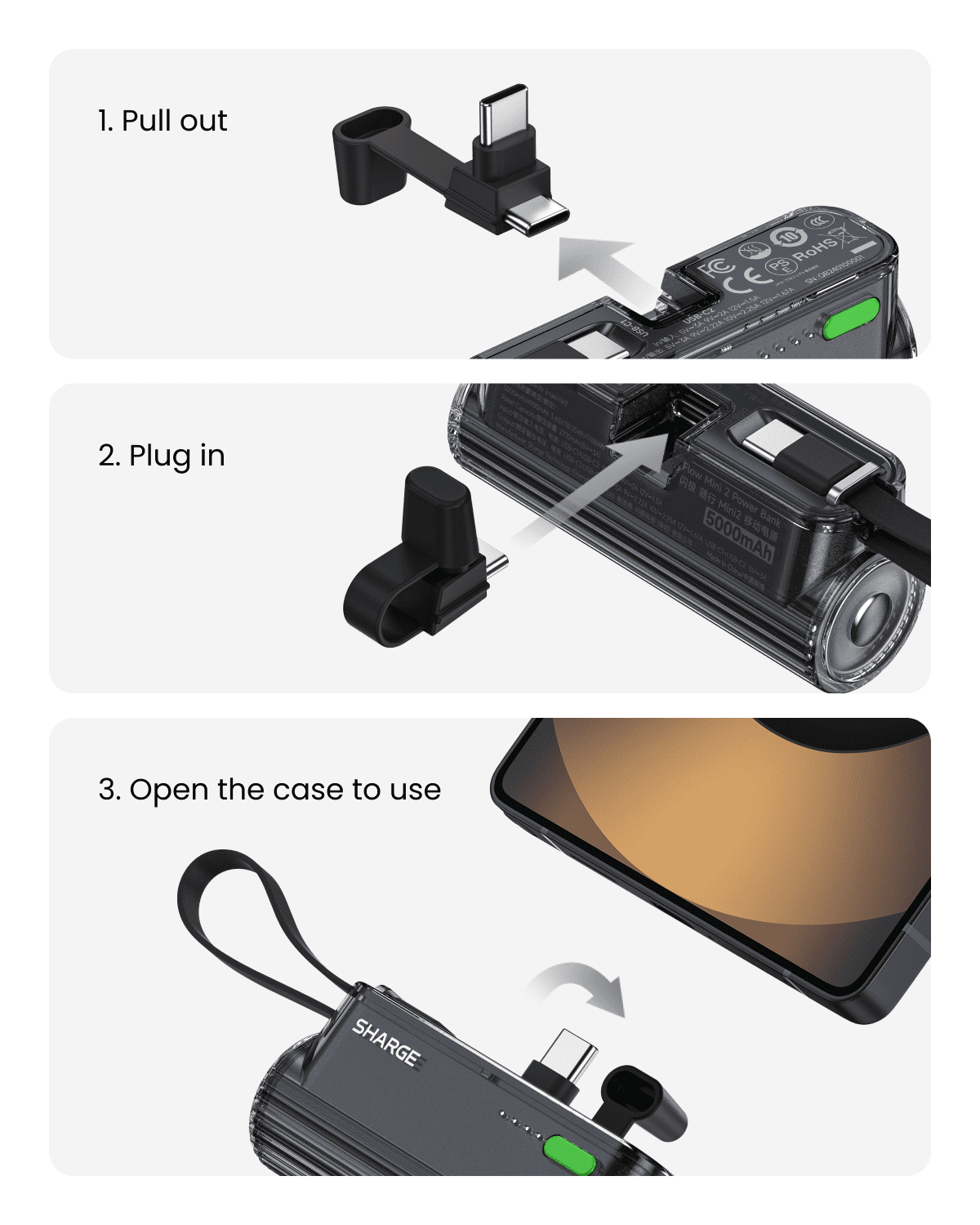 SHARGE Flow Mini 2 Power Bank with Built-in Cable 22.5W Max Portable Charger for Travel, Fast Charging Battery Pack with iOS and USB-C Connector for iPhone 16/15/14, Galaxy, Google, and More
