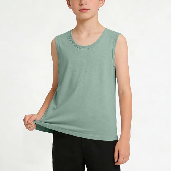 ITSAME Kids Boys Tank Tops Round Neck Loose Fit Sleeveless Summer Active Casual Muscle Tee Green Size 7-8