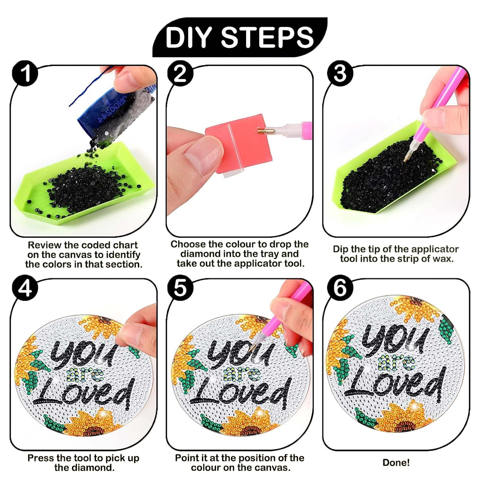 Junepar 3.9" 8Pcs Sunflower Diamond Painting Coasters Kit DIY 5D Diamond Art Cup Mat Set with Cork Backs & Tools for Adults & Kids