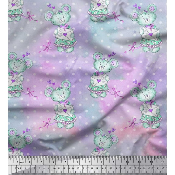 Soimoi Blue Cotton Duck Fabric Teddy Bear & Dot Kids Printed Craft Fabric by the Yard 42 Inch Wide