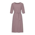 thumbnail image 5 of APEXFWDT Women's 3/4 Sleeve Linen Dress with Belt Summer Casual Crewneck Long Dresses for Women Plus Size Elegant Crewneck A-line Dress for Work Office, 5 of 8