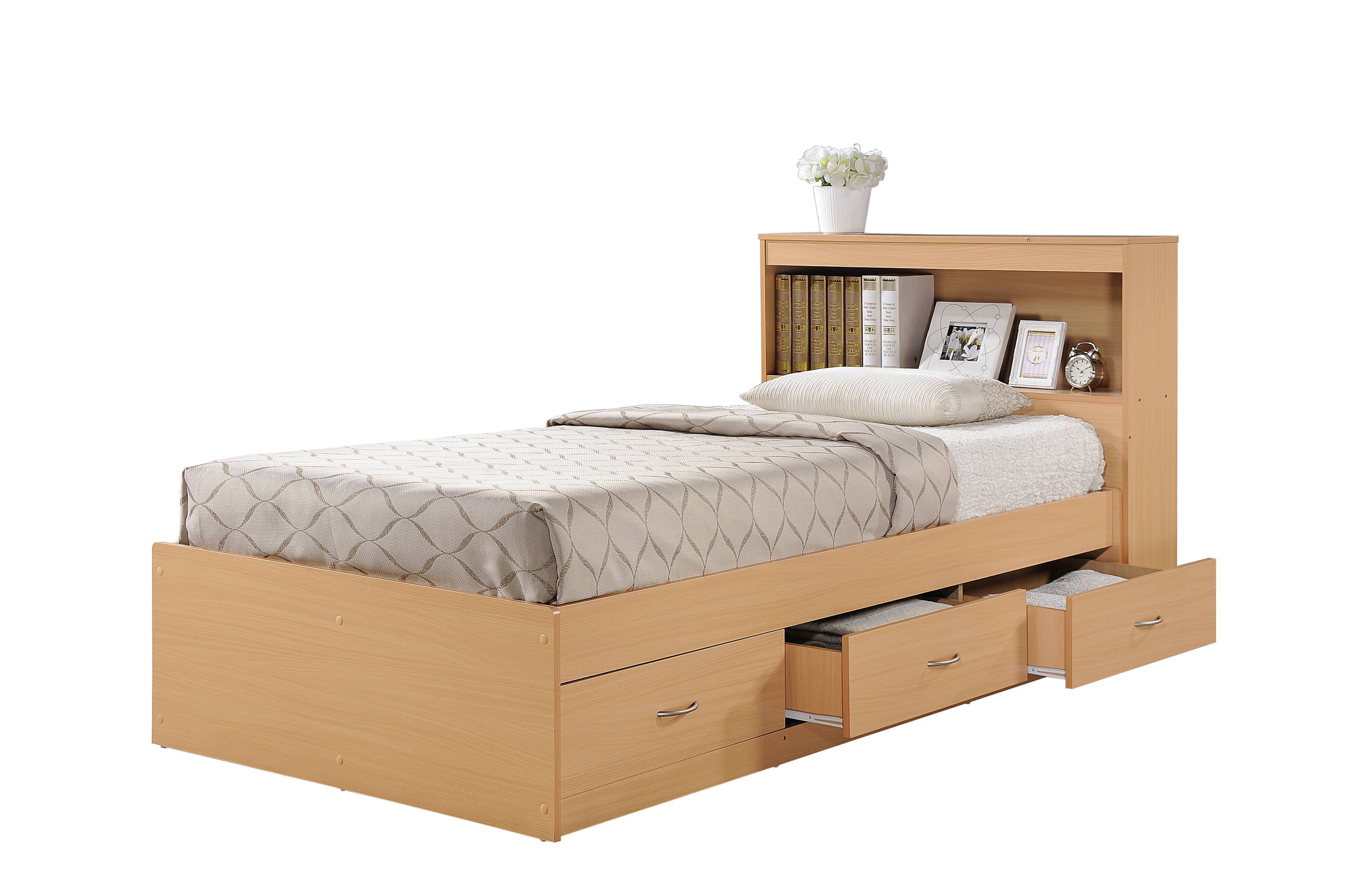 Hodedah Twin-Size Captain Bed with 3-Drawers and Headboard in Beech