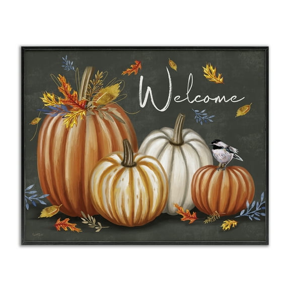 Stupell Industries Welcome with Autumnal Pumpkins Holiday Painting Black Framed Art Print Wall Art, 14 x 11