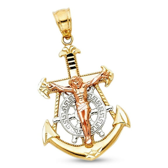 Solid 14k Yellow White Rose Gold Jesus Anchor Crucifix Pendant Cross Mariner Charm 28 x 18 mm