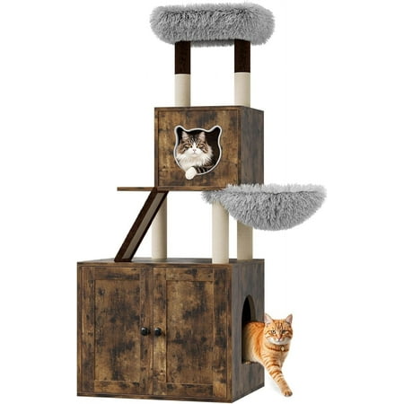 Litter Box Enclosure with Cat Tree Tower and Condo, Hidden Cat Washroom Furniture with Sisal Scratching Post & Soft Plush Perch, Wooden Cat Furniture with Multiple Platforms