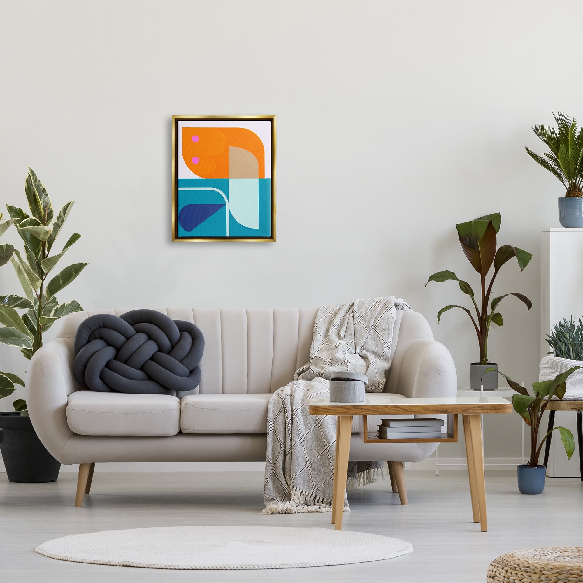 Stupell Industries Orange & Blue Contemporary Abstract Painting Gold Floater Framed Canvas Art Print Wall Art, 17 x 21