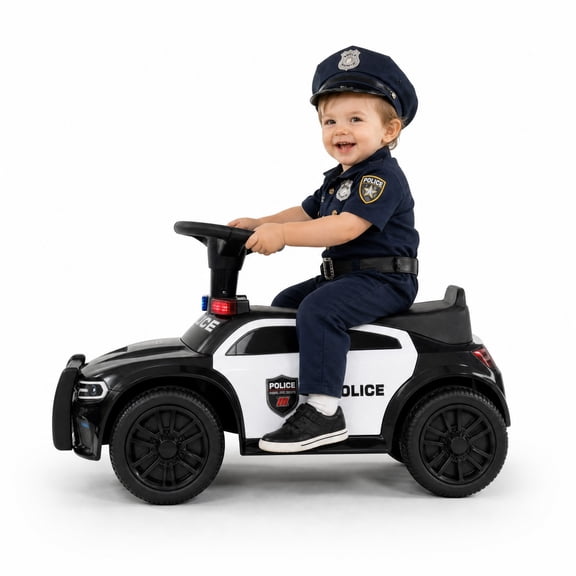 ELLEGNT Black Police Push Ride On Car for Toddlers 18M , Steering Wheel, Lights, Sounds, Storage